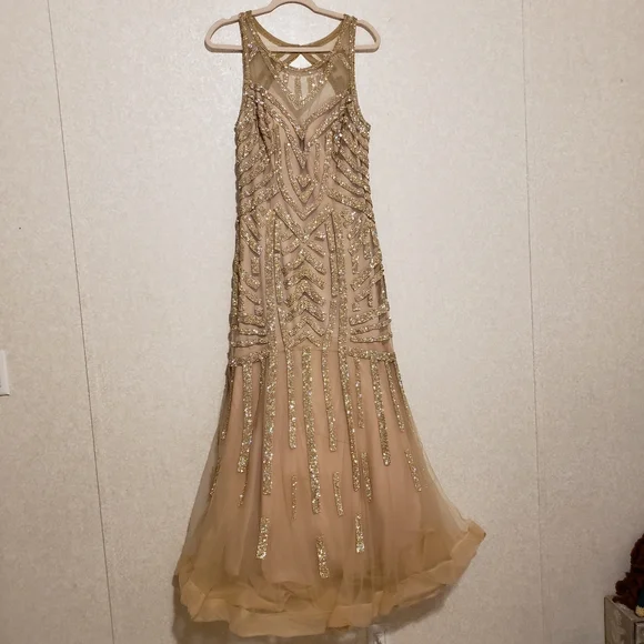 Let's | Dresses | Party Gold Long Dress With Rhinestone Size 2xl | Poshmark